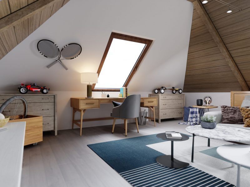 The design of the children's room for the teenager on the attic is in the loft style, the ceiling is hemmed with wood and the walls are white. 3D rendering.